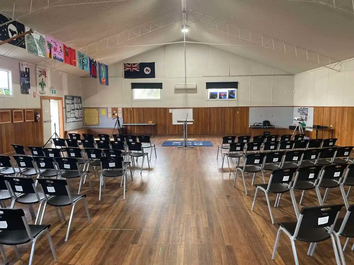 Inside the Baden Powell Scout and Guide Hall, set up for a Sunday service
